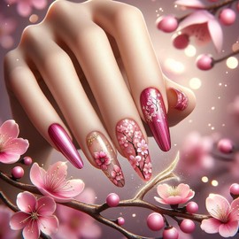CJDLTS Flower Press on Nails Almond Medium Pink Floral Pattern Design Rose Red Acrylic False Nail Full Cover Glossy Blossom Artificial Fingernails DIY Reusable Press Ons Stick on Nails for Women