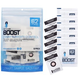 Integra Boost 62% RH Level - 8 Gram Size - Two-Way Humidity Control Pack - Includes Replacement Indicator Cards - Food Storage & Herbs Moisture Balancer for Up to 1oz (Pack of 6)