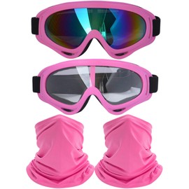 immoono 2Pcs Motorcycle Goggles with 2Pcs Neck Gaiters, Dirt Bike ATV Motocross Riding Racing Ski Goggle Safety Glasses, Pink Frame with Hot Pink Bandana