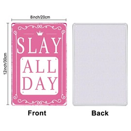 SUPERDANT Slay All Day Tin Sign Funny Quotes Metal Signs Retro Pink Metal Tin Signs Vintage Wall Art Plaques for Coquette Trendy Preppy Room Decor Girl's Room Dormitory Wall Decor