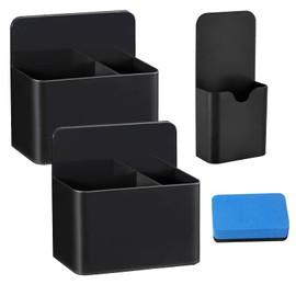 Toionmm Pack of 3 Magnetic Pen Holders, Magnetic Pen Holder with Whiteboard Sponge, Magnetic Marker Holder, Magnetic Pen Holder for School, Office, Home, Whiteboard, Fridge (Black)