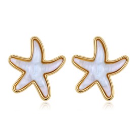 FAUTHENTICUTE White Starfish Earrings For Women With Gold Frame Large Starfish Stud Chunky Star Shell Statement Earring Summer Beach Jewelry