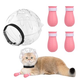 Cat Muzzle and Boots Set, Breathable Cat Adjustable Hood and Paw Covers Transparent Cat Muzzle Helmet Silicone Cat Shoes for Cats Bathing Nail Trimming