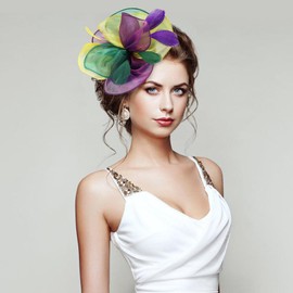 Magibag Women Fascinator Hat With Gloves Pearl Necklace Earrings Kentucky Derby Hat 20s 50s Cocktail Tea Party Wedding (03-Green Purple Yellow)