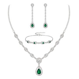 EVER FAITH Bridal Jewelry Set Stunning Teardrop Cubic Zirconia May Birthstone Necklace and Earrings Bracelet Set for Woman Emerald Green Silver-Tone