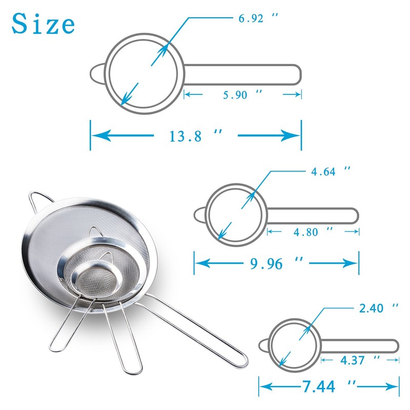 Wellehomi Fine Wire Mesh Kitchen Sieve Set 7,12,18cm with Rim