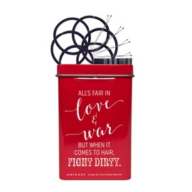 Cricket Hair Clip - Love and War Hair Tin with 25 Hair Ties & 30 Bobby Pins in Reusable Metal Tin for Home, On the Go, Salon, Barbershops, Red, 55 PC