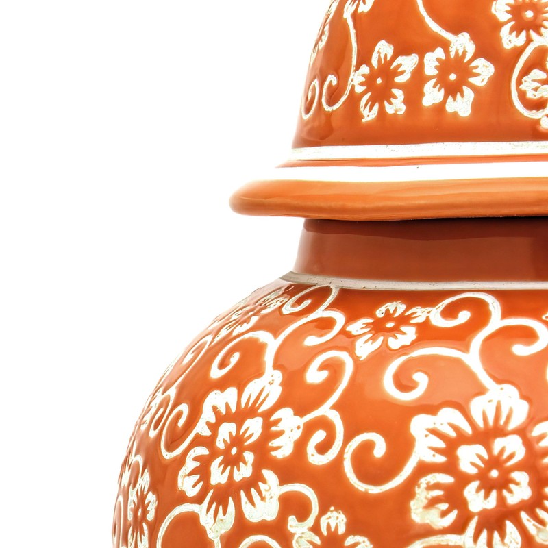 Red Lantern 18" White Flowers on Orange Temple Jar