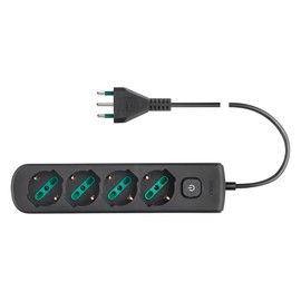 Vimar SICURY Universal Italian Standard 16 A Power Strip with Switch and 1.5 m Cable, 4 Outputs, Black