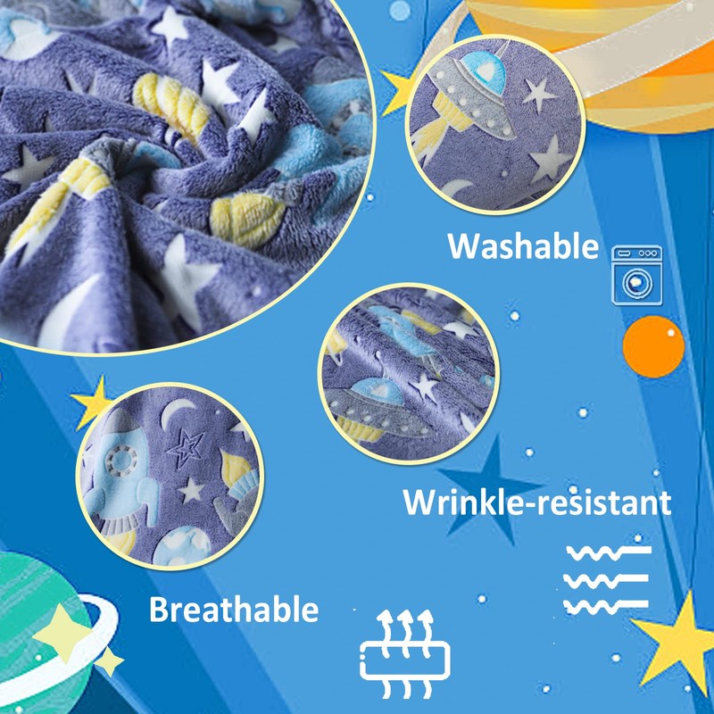 Glow in The Dark Rocket Throw Blanket with Storage Bag,