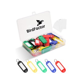 Pack of 50 Keyrings with Labels - 5 Colours, Plastic Box with Extra Labels, Key Tags and Key Tags with Ring Also for Pets, Luggage or USB Sticks