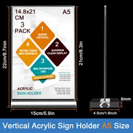 ROSSHINE A5 Menu Holders, 3pack Double Side Display Acrylic Sign Holder, A5 Clear Poster Holder Perspex Display Stand for Office School Home Restaurant