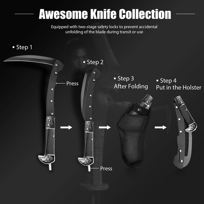 Black Sharp Folding Sickle Knife, Two Section Foldable Scythe Knife,