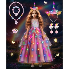 COYBTO Princess Costumes for Girls, Light Up Unicorn Costume Dress Up, Dress Up for Girls with Headband Crown Necklace Sets, Unicorn Fancy Dress for Kids Party Birthday Carnival Cosplay (120)