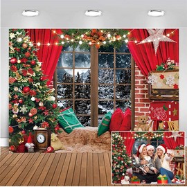 CHAIYA 7X5FT Christmas Backdrop Christmas Red Curtain Background Christmas Window Background Winter Snow Xmas Tree Gift Christmas Family Party Background New Year Party Backdrop CY282