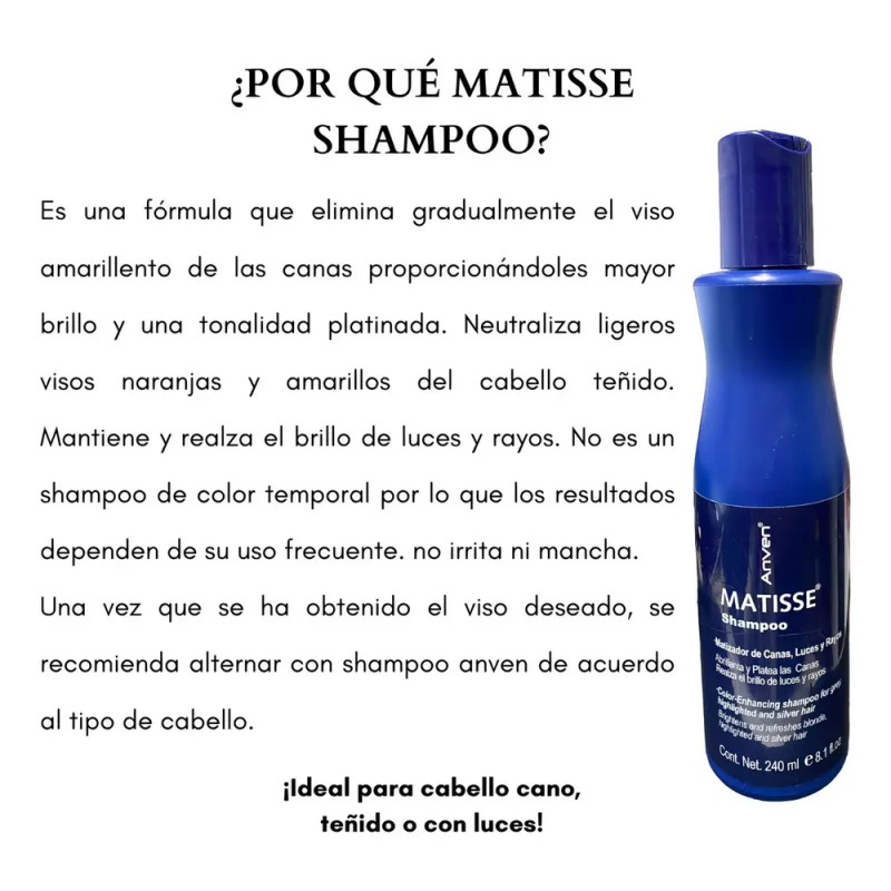 Shampoo Matizador De Canas, Luces, Rayos Matisse Anven 240ml