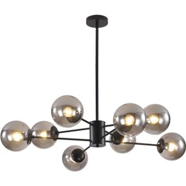BOKT Mid Century Modern Matte Black Chandelier 8-Lights Globe Glass Ball Chandelier Flush Mount Ceiling Light Industrial Vintage Farmhouse Kitchen Island Pendant Lighting Fixture
