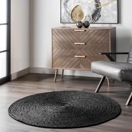 GRUHUM Black Jute Area Rug 6ft Natural Fiber Round Handwoven Boho Farmhouse Rustic Vintage Soft Braided Reversible EcoFriendly Rugs for Indoor Kitchen Bedroom Living Room Hallways (6' ft Round)