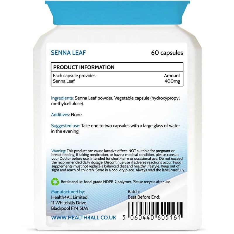 Health4All Senna Leaf 400mg 60 Capsules Pure Natural Herbal Overnight