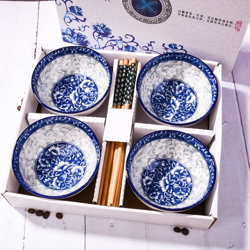 BOSILI Chinese Blue and White Ceramic Rice Bowls and Chopsticks