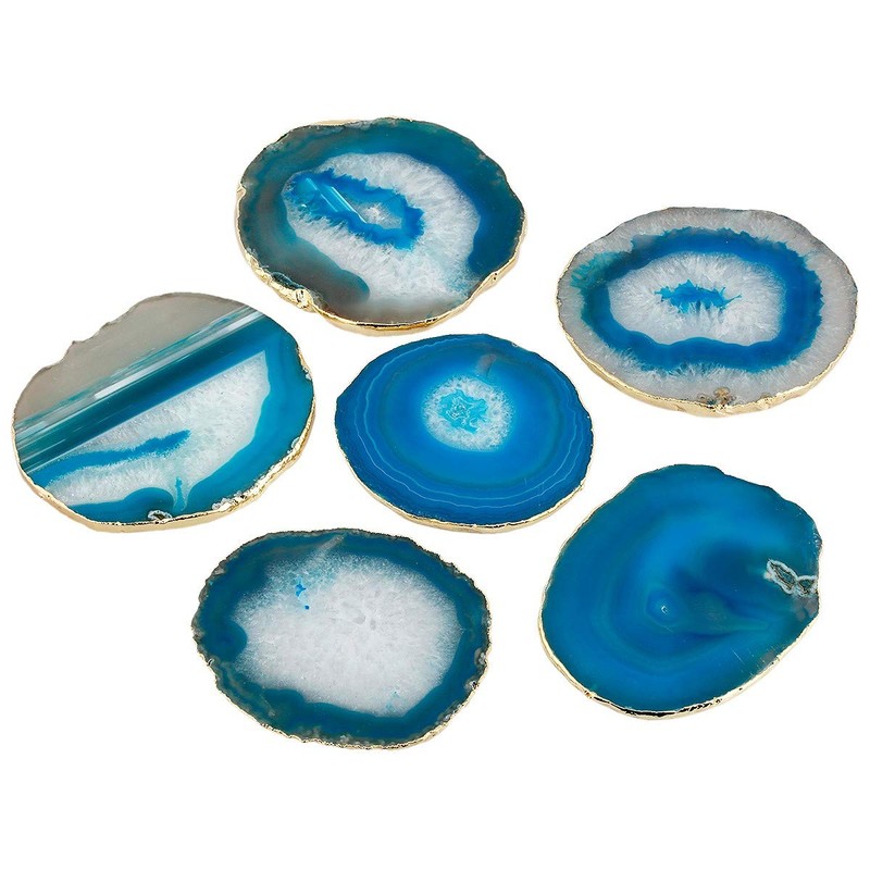 mookaitedecor Set of 2 Blue Crystal Agate Slice Coasters for