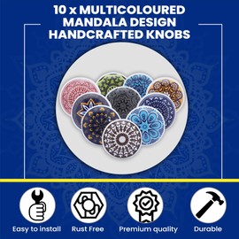 ETHNICITI 10 x Round Multicolour Geometric Assorted Handmade Ceramic Door Knobs Cupboard Drawers Cabinet Wardrobe Assorted Vintage Shabby Chic Kitchen Bedroom Living Room Furniture Dresser Pull Handle