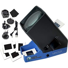 MINOLTA 35mm Desk Top Portable LED Slide and Negative Viewer Luminated 3X Magnify – for 2"x2" Slides & Positive Negatives - Worldwide AC Adapter & Plugs, Battery Operation & Cloth