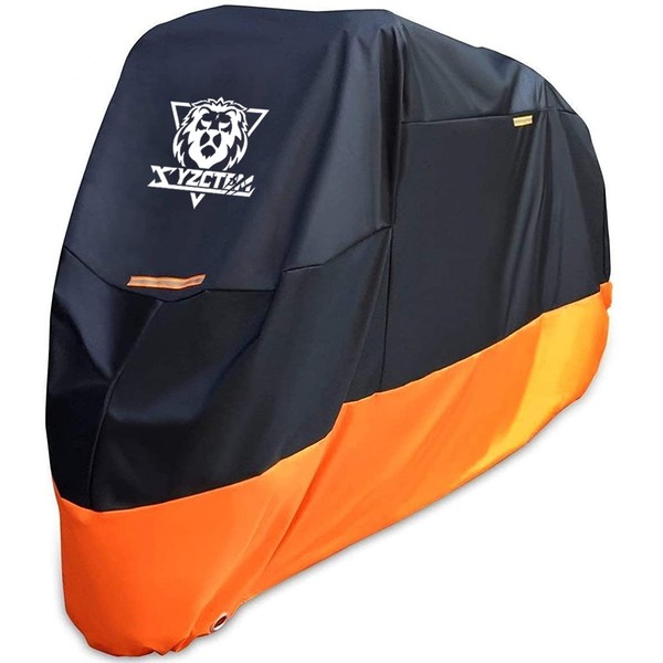 XYZCTEM Motorcycle Cover – All Season Waterproof Outdoor Protection – Fit up to 116 inch Tour Bikes, Choppers and Cruisers – Protect Against Dust, Debris, Rain and Weather(XXXL,Black& Orange)