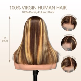 Bestvivid Highlight Lace Front Bob Wig Human Hair 14 Inch Ombre Honey Blonde 13x4 HD Lace Front Wigs Human Hair Pre Plucked Middle Part 4/27 Colored Lace Frontal Wigs(12 Inch, 4/27 Highlight)