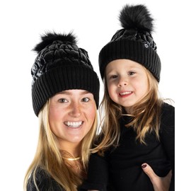 Funky Junque Mom and Me Matching Puffer Pom Hat Beanies Set for Women and Kids, Black (2 Pack)