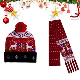 2 Pieces Christmas Children's Electric Hat Scarf Lovely Children's Knitted Hat Scarf Gloves Light Up Christmas Hat for New Year Party Christmas Festival Supplies Adults and Teens (A)