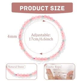 Uwiyo Beaded Bracelets for Women, 4mm Crystal Bracelet with Silver Beads Elastic Natural Stone Bracelet Gemstone Stone Bracelet Yoga Bracelet for Women Girls for Birthday Christmas (Rose Quartz)