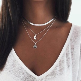 Sttiafay Boho Multilayer Disc Moon Pendant Necklace Clavicle Collar Snake Chain Necklace Set Jewelry for Women Teen Girls, Pearl Metal