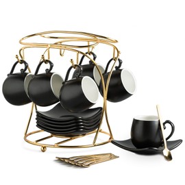 LYEOBOH Espresso Cups with Saucers Set, 3 Ounces Porcelain Coffee Cups with Metal Stand and Spoons, Cappuccino Cups Cute Demitasse Cups for Coffee Drinks, Latte, Tea Set of 6, Black