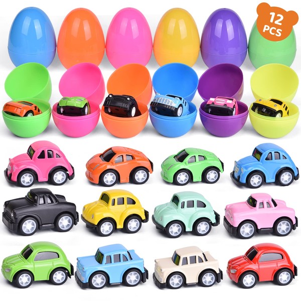FUN LITTLE TOYS 12 PCs Easter Eggs Prefilled with Pull Back Cars Toy Vehicles for Easter Party Favors, Easter Basket Stuffers, Easter Egg Fillers, Goodie Bags Fillers, Classroom Prizes, Pinata Fillers