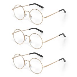 EYE ZOOM 3 Pack Metal Frame Round Reading Glasses with Spring Hinge (Gold, +2.00 Strength)