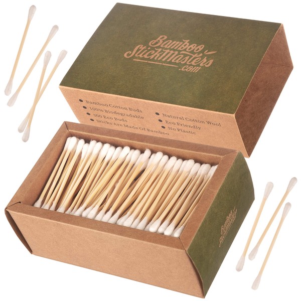 Bamboo Stick Masters | 300 Bamboo Cotton Wool Buds | 100% Eco Firendly Q Tips | Natural Wooden Ear Cleaning Buds | Plastic Free | Environmentally Friendly Packaging | Free E-Book