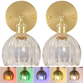 femusytt Wireless Battery Operated Wall Sconces Set of Two, Rechargeable Wall Lights with Clear Tulip Glass Shade Remote Vintage Gold RGB Mood Wall Lamp for Bedroom Bedside Kids Room