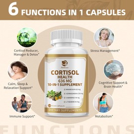 Cortisol Supplement, 10-in-1 Cortisol Reducer Detox Manager for Women & Men - Magnesium, Ashwagandha, Rhodiola, Chamomile, L-Theanine, Vitamin C & D3 - Mood, Focus, Sleep Support - 120 Vegan Capsules