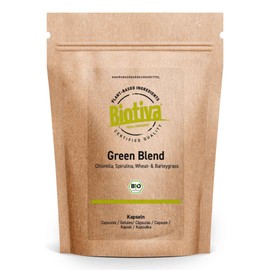 Green Blend Organic Capsules - Pack of 120 - Chlorella Spirulina Barley Grass Wheatgrass Capsules - Algae and Grasses in Organic Quality - Biotiva
