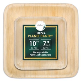 Planet Pantry Disposable Palm leaf Party Pack 10" Square Plate (50 pcs) & 7" Square Bowl (50 pcs) Bamboo Like Style - Paper and Plastic Alternative