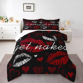 Sexy Lips Comforter Funny Get Naked Comforter Set for Couple Lover Kiss Bedding Set White Red Woman Mouth Pattern Decor Duvet Set Room Decor King Size Quilt Set 3Pcs