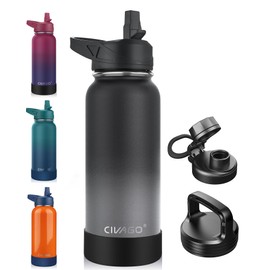 CIVAGO 32 oz Insulated Water Bottle With Straw, Stainless Steel Sports Water Cup Flask with 3 Lids (Straw, Spout and Handle Lid), Wide Mouth Travel Thermal Mug, Classic Omber Gray