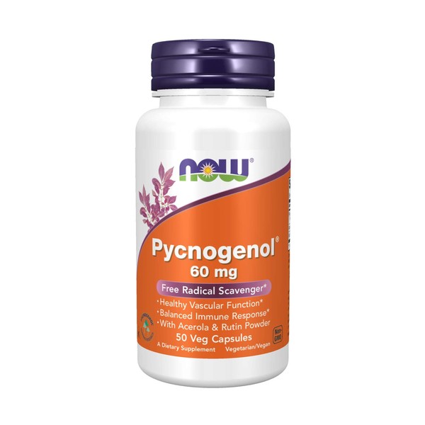 NOW Supplements, Pycnogenol 60 mg (a Unique Combo of Proanthocyanidins from French Maritime Pine) with Acerola & Rutin Powder, 50 Veg Capsules