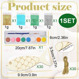 Fish Template Wood Cutouts Unfinished Wooden Ornaments Wooden Ornaments for Crafts DIY Blank Wooden Tags, 30 Pieces, 30 Twine Strings, 8-Color Paint Set & 4 Glitter Powder Set, Perfect for Home Decor