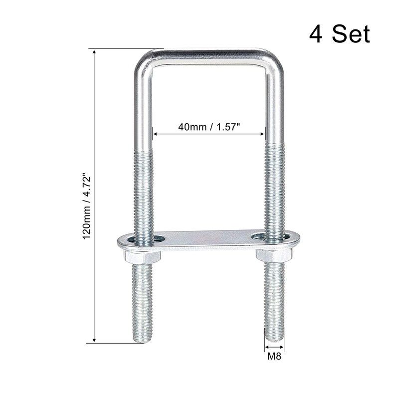 sourcing map Square U-Bolts 1-5/8"(40mm) Inner Width 120mm Length Carbon