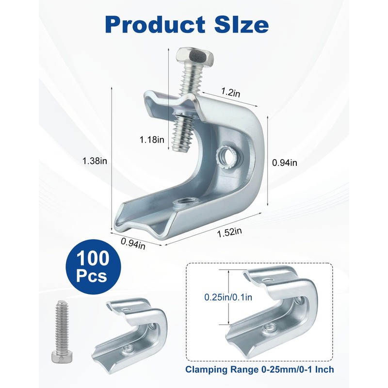 AOKLIT 100 Pcs Beam Clamp, 1/4" x 20 Beam Clamps