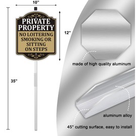 Private Property No Loitering Smoking Or Sitting On Steps Sign 12" x 10" With 35" Long Metal Stakes No Trespassing Soliciting Video Surveillance With Stand Aluminum Outdoor Use Yard Home Business