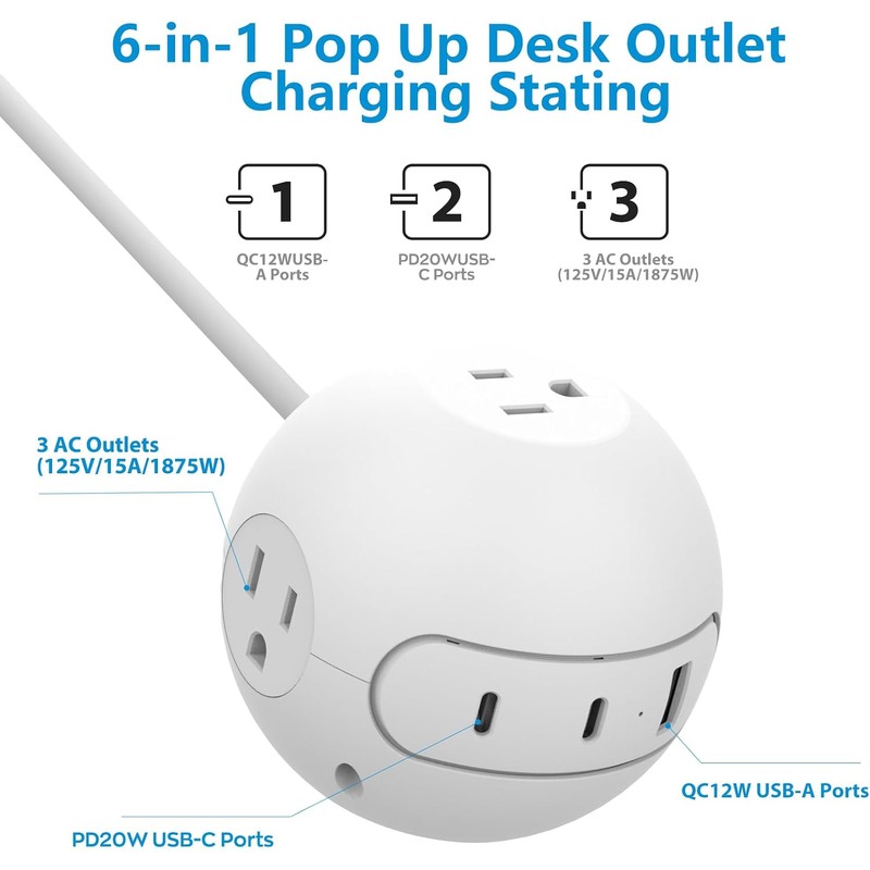 Portable Power Strip Outlet Extender,6-in-1 Charging Station,Wall Plug Extender with