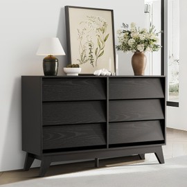 6-Drawer Dresser for Bedroom, 47.2" Wide Mid Century Chest of Drawers, Wooden Dresser TV Stand, Vintage Dressers with Bevel Design for Bedroom, Living Room, Hallway, Black